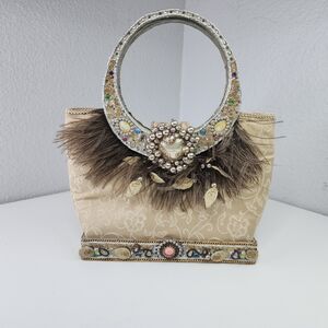 Mary Frances Beaded Quilted Silk Evening Bag Jeweled Feather Accent Purse Handba